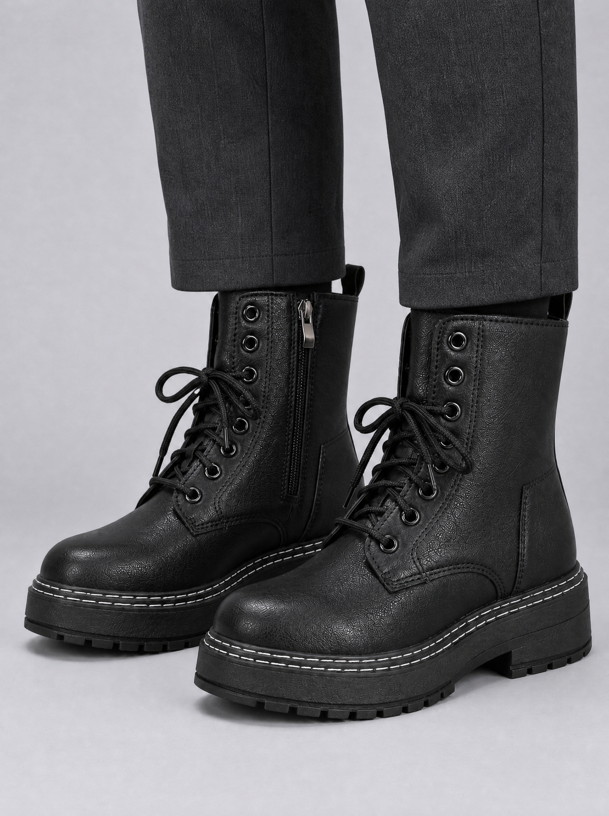 Women's Black Faux Leather Lace Up Side Zip Lug Sole Ankle Boots - Black colour view