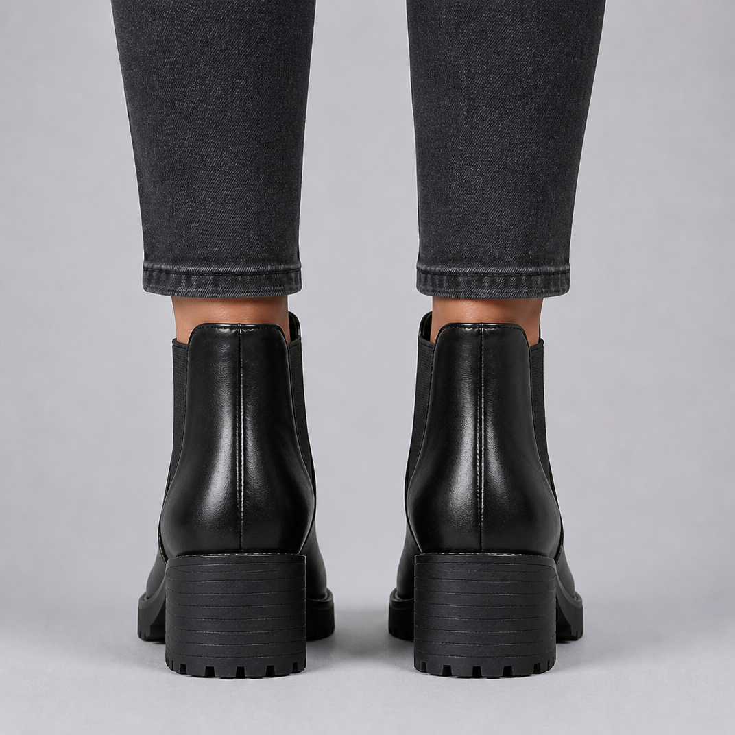 Women's Black Leather Low Block Heel Chelsea Ankle Boots