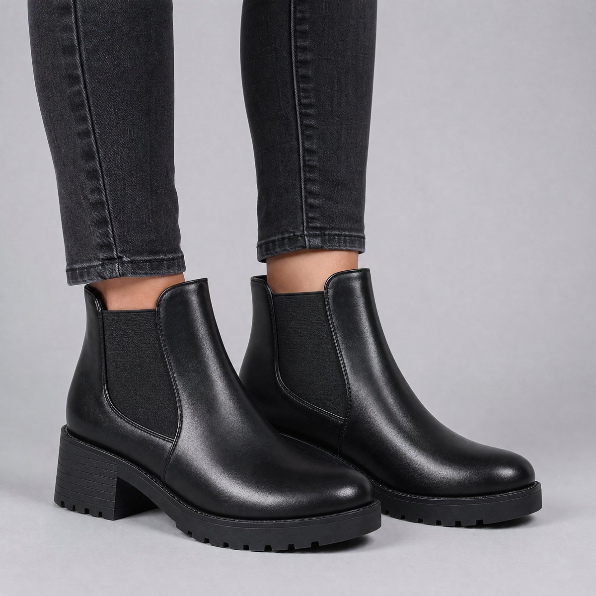 Women's Black Leather Low Block Heel Chelsea Ankle Boots