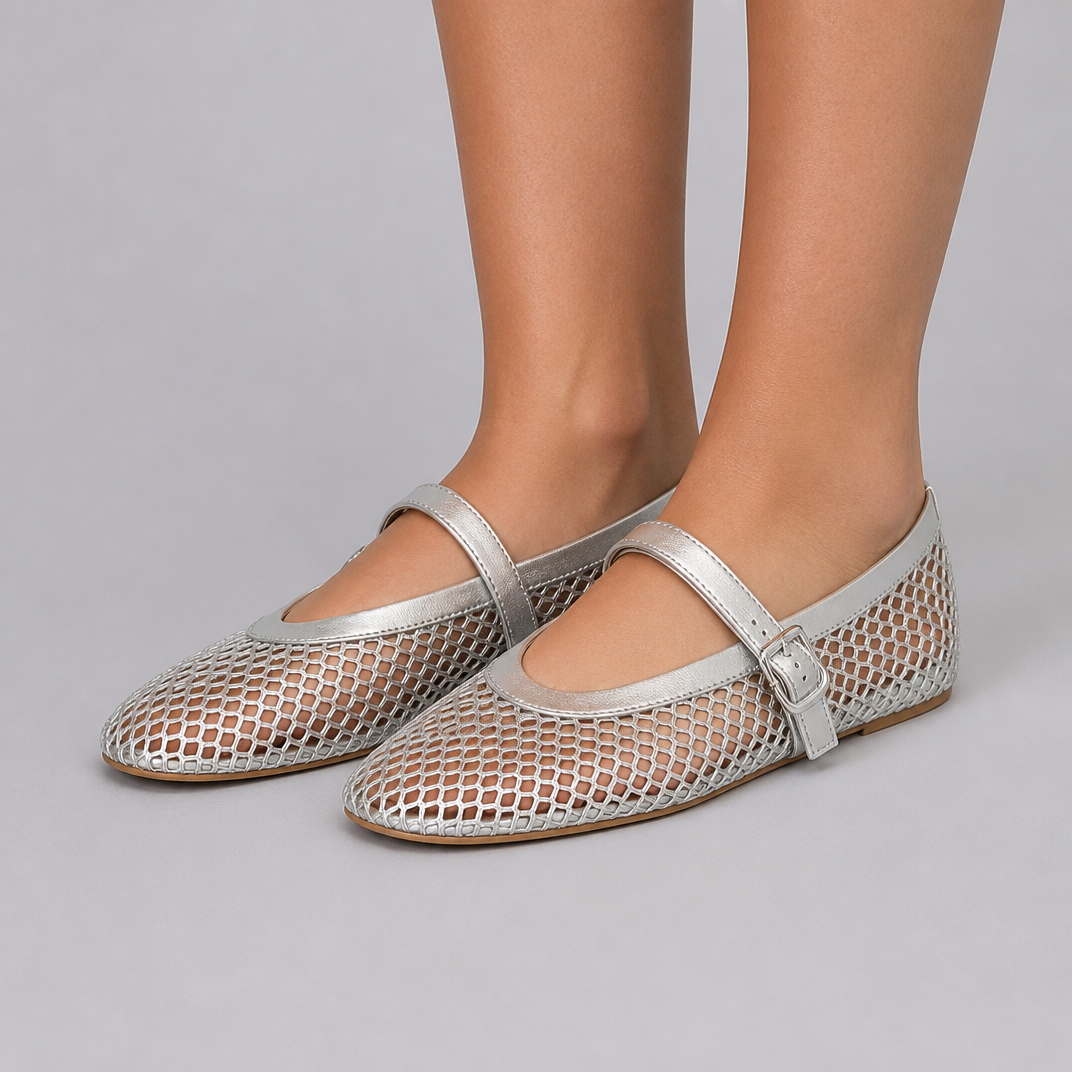 Women's Black Mesh Ballet Flats – Mary Jane Buckle Strap