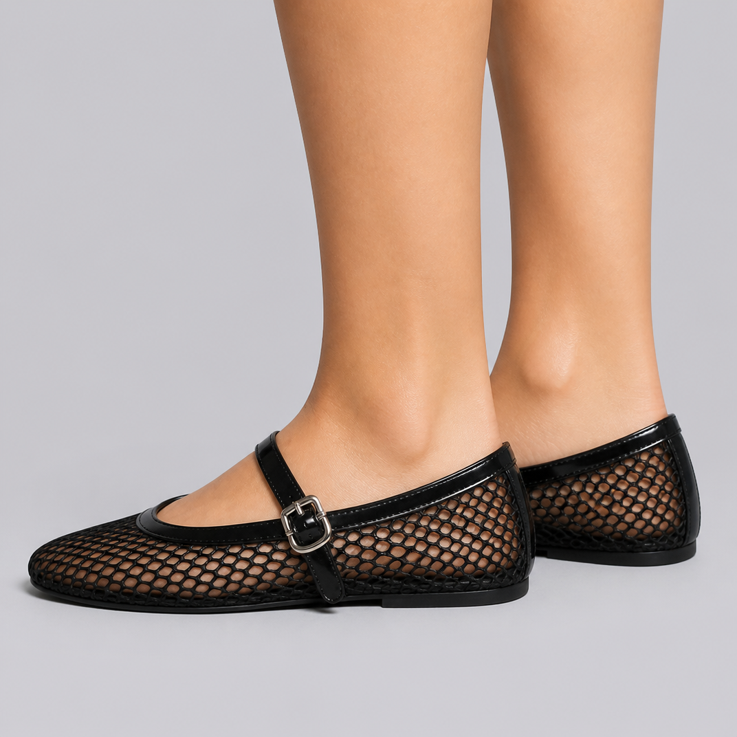 Women's Black Mesh Ballet Flats – Mary Jane Buckle Strap