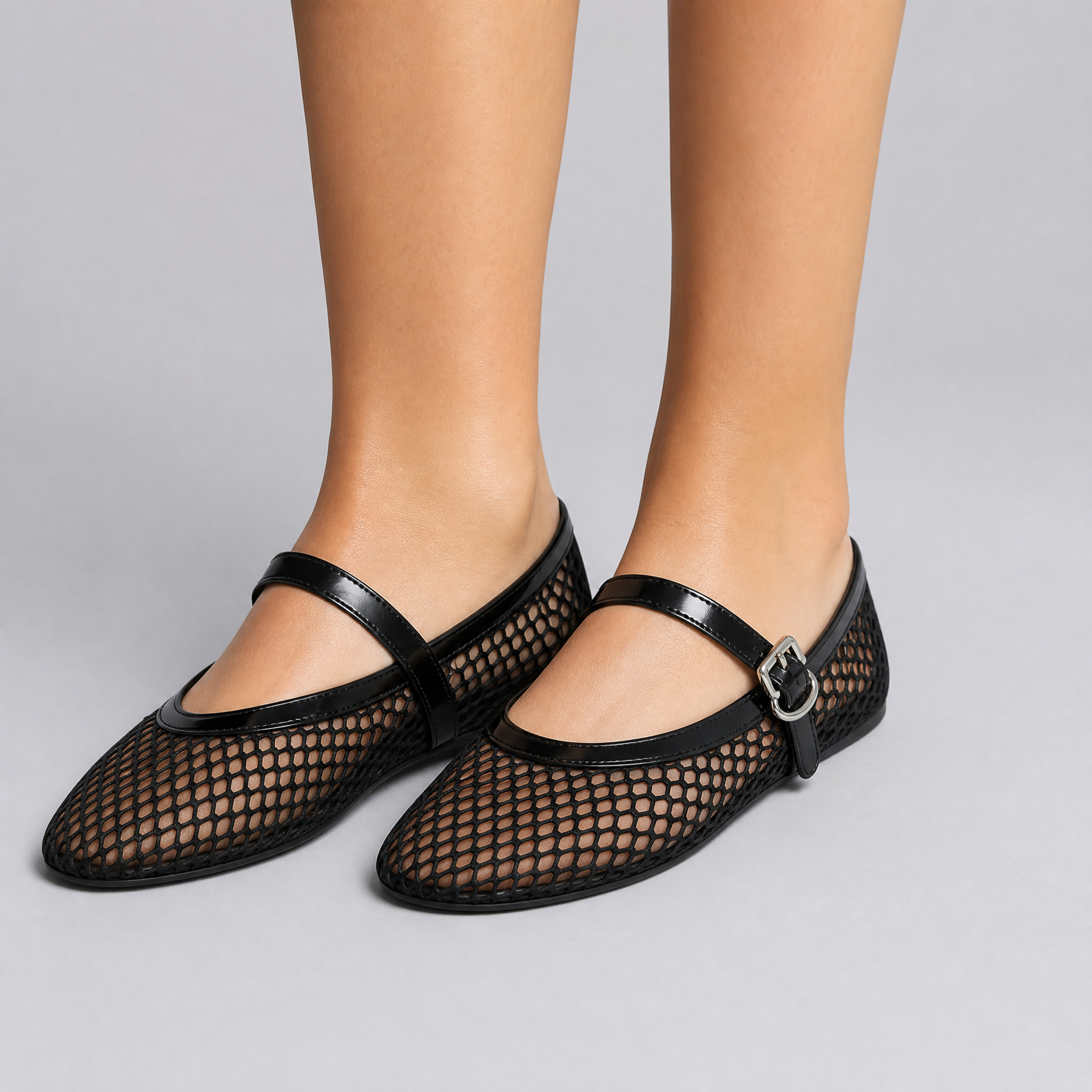 Women's Black Mesh Ballet Flats – Mary Jane Buckle Strap