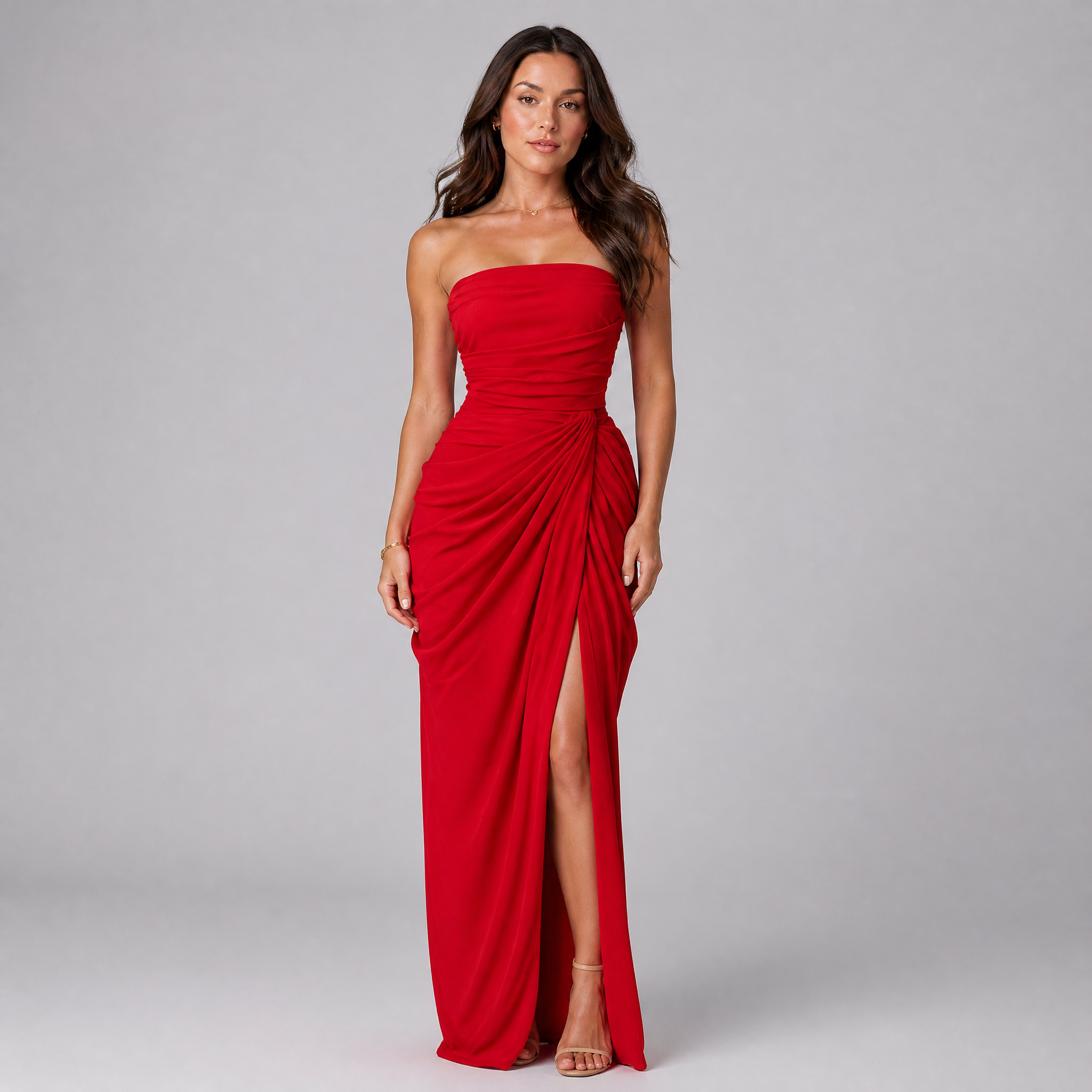 Women's Satin Strapless Draped Maxi Dress – Formal Black Tie Gown