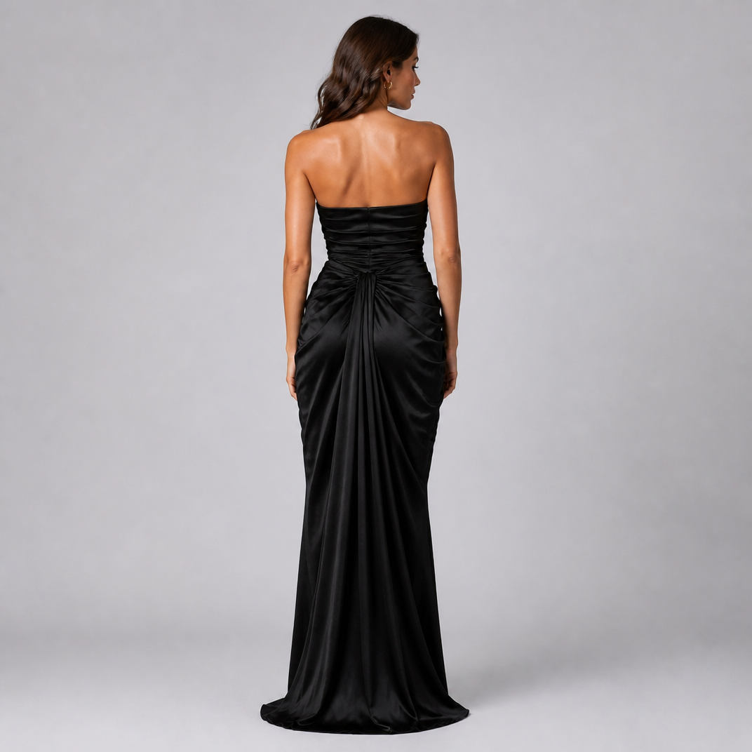 Women's Satin Strapless Draped Maxi Dress – Formal Black Tie Gown