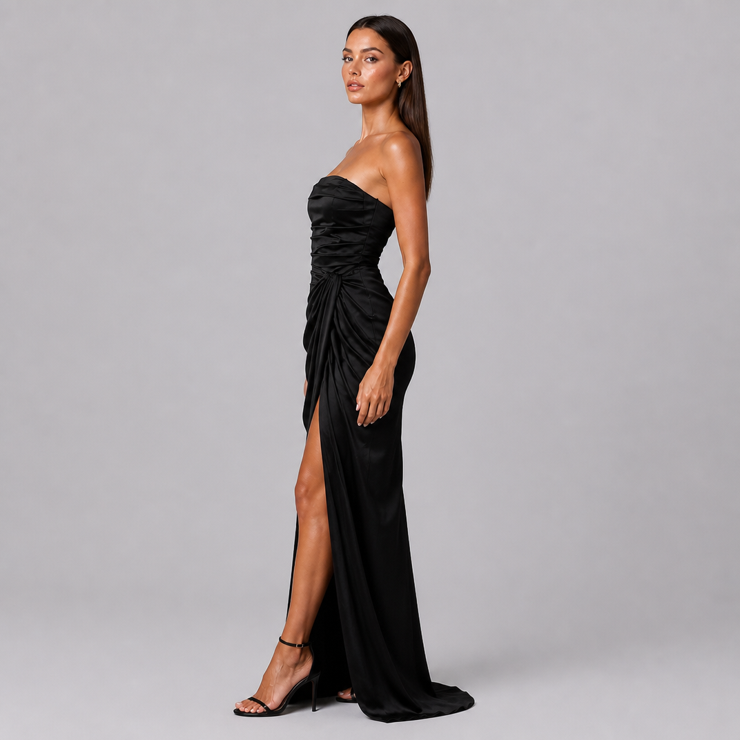 Women's Satin Strapless Draped Maxi Dress – Formal Black Tie Gown