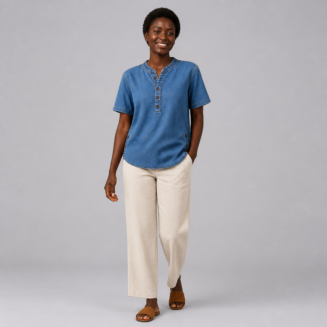 Women’s Blue Denim Short Sleeve Henley Shirt