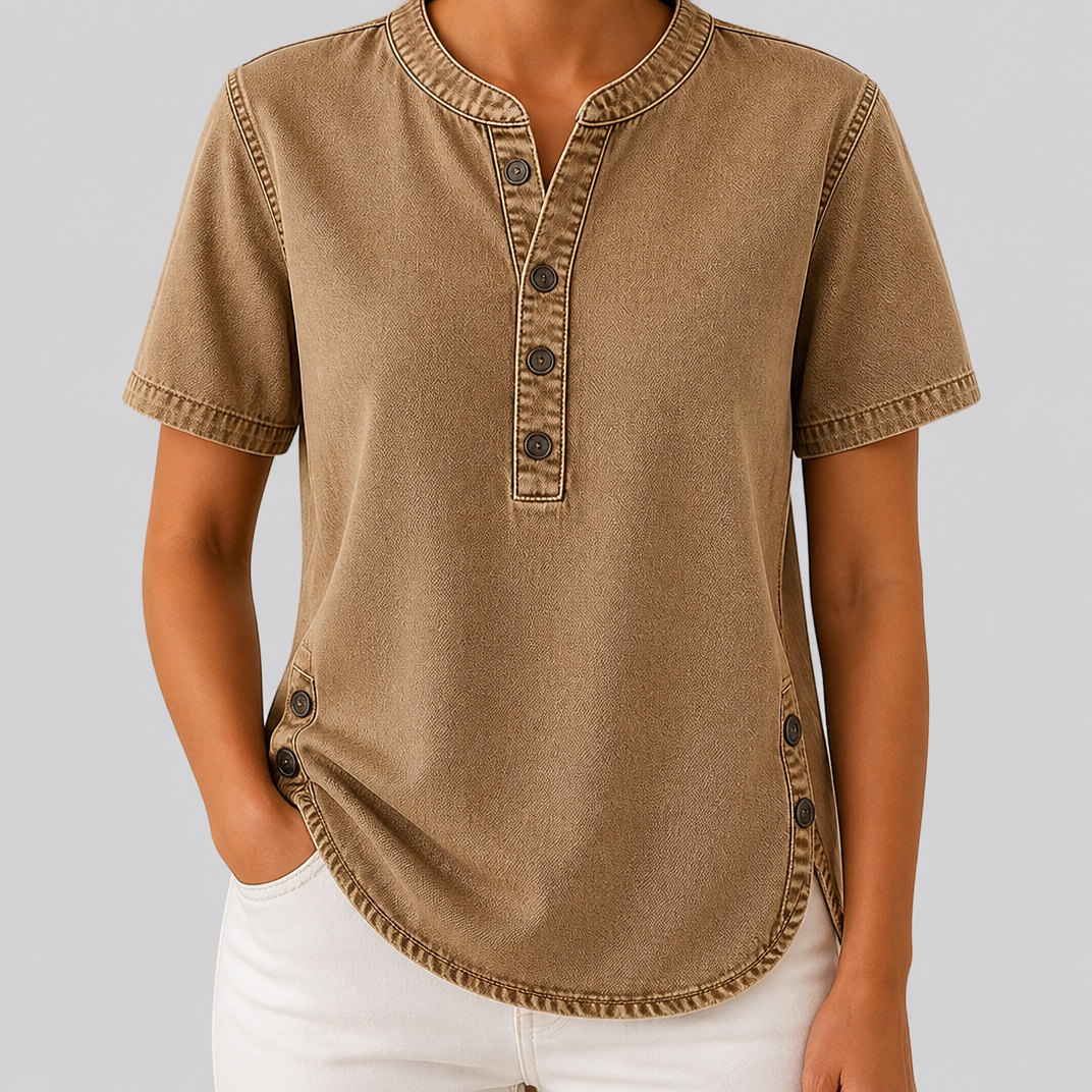 Women’s Blue Denim Short Sleeve Henley Shirt