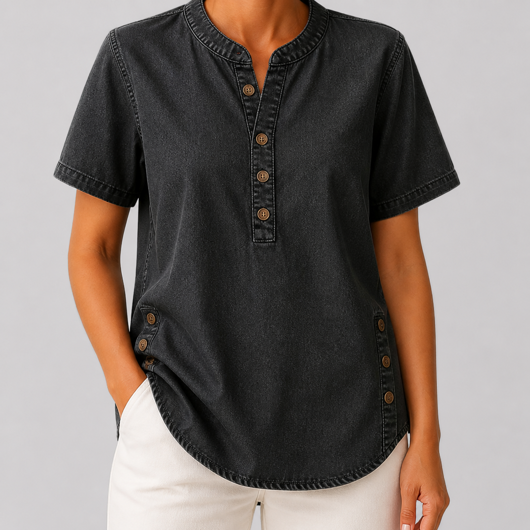Women’s Blue Denim Short Sleeve Henley Shirt