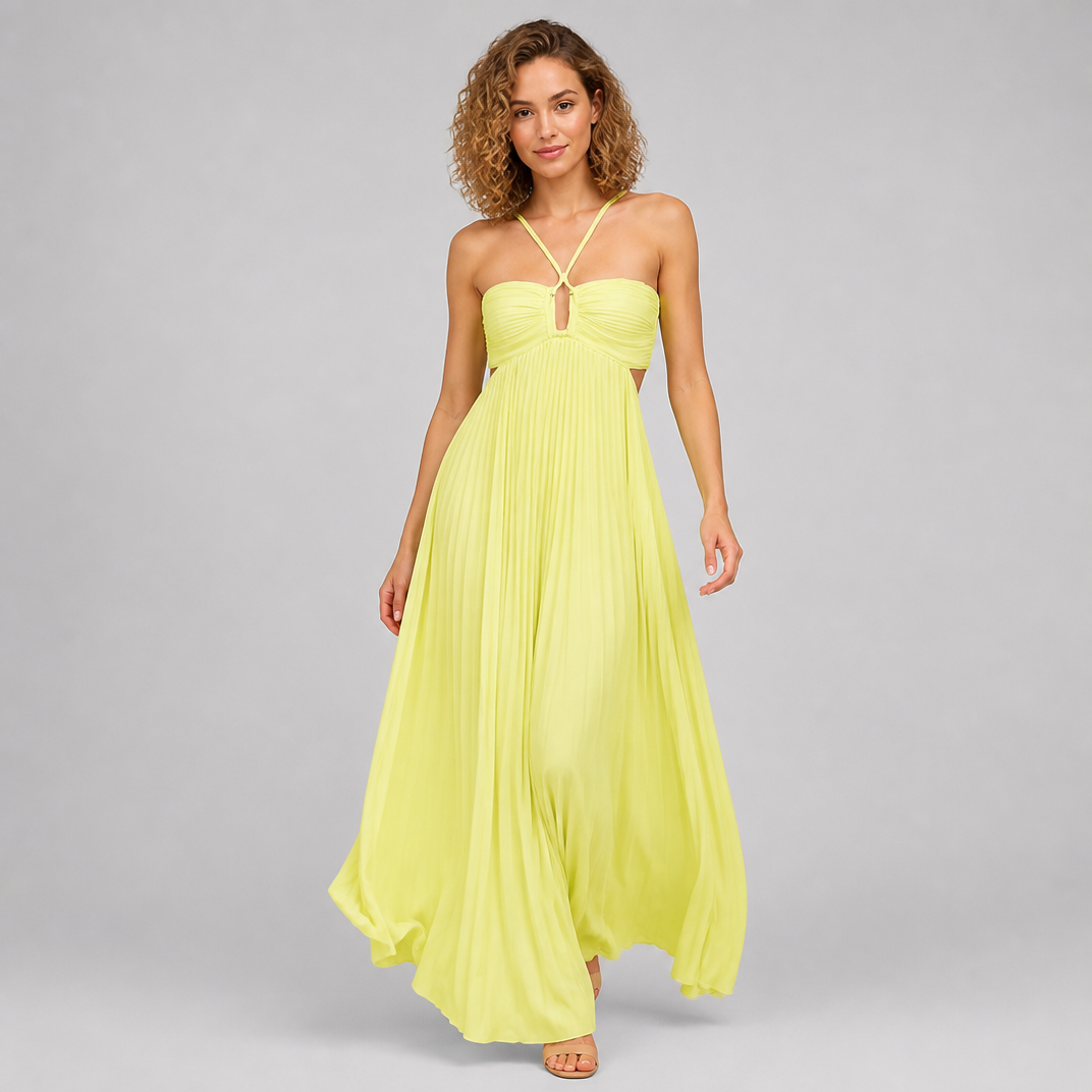 Women's Blue Pleated Halter Neck Maxi Dress – Backless Wedding Guest Dress