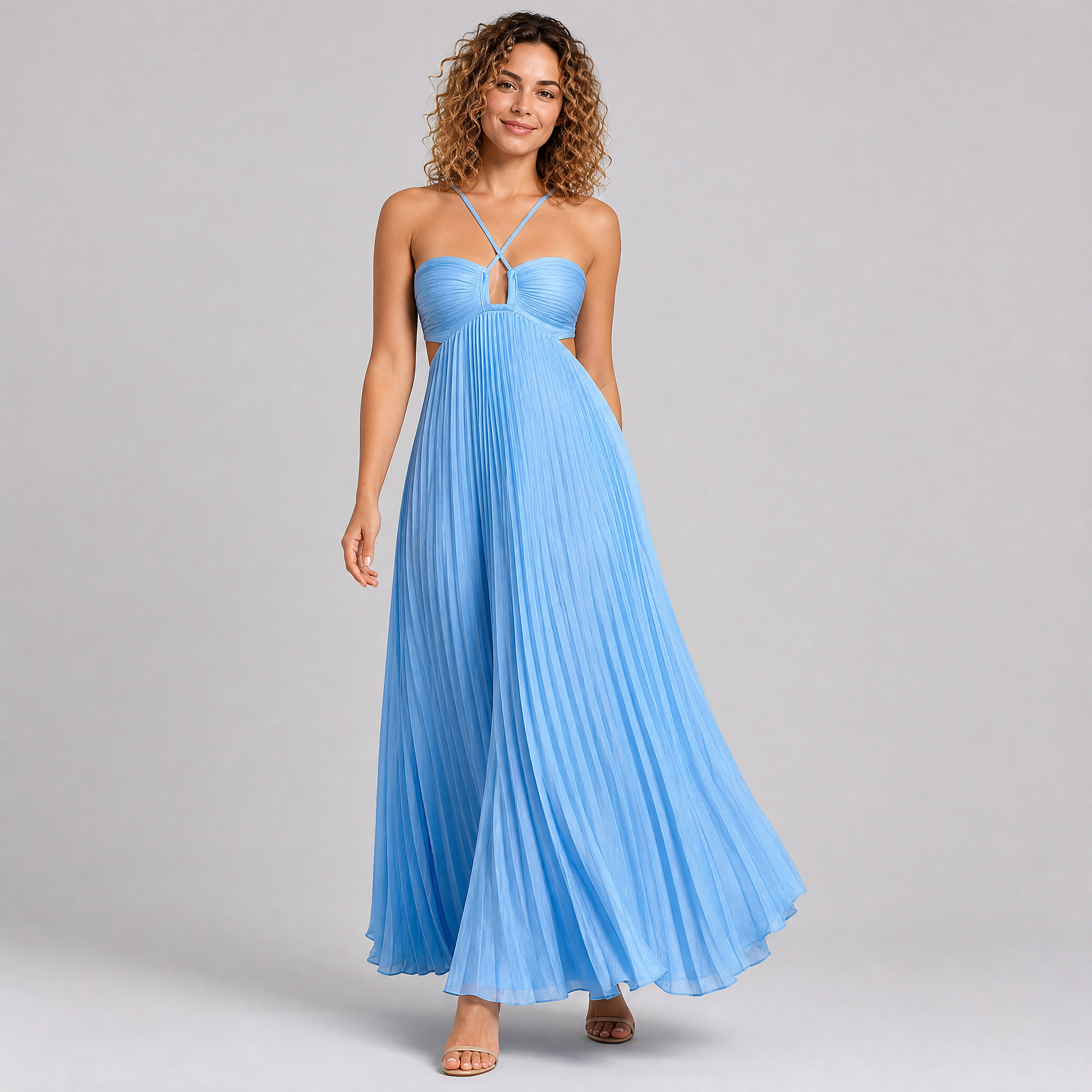 Women's Blue Pleated Halter Neck Maxi Dress – Backless Wedding Guest Dress