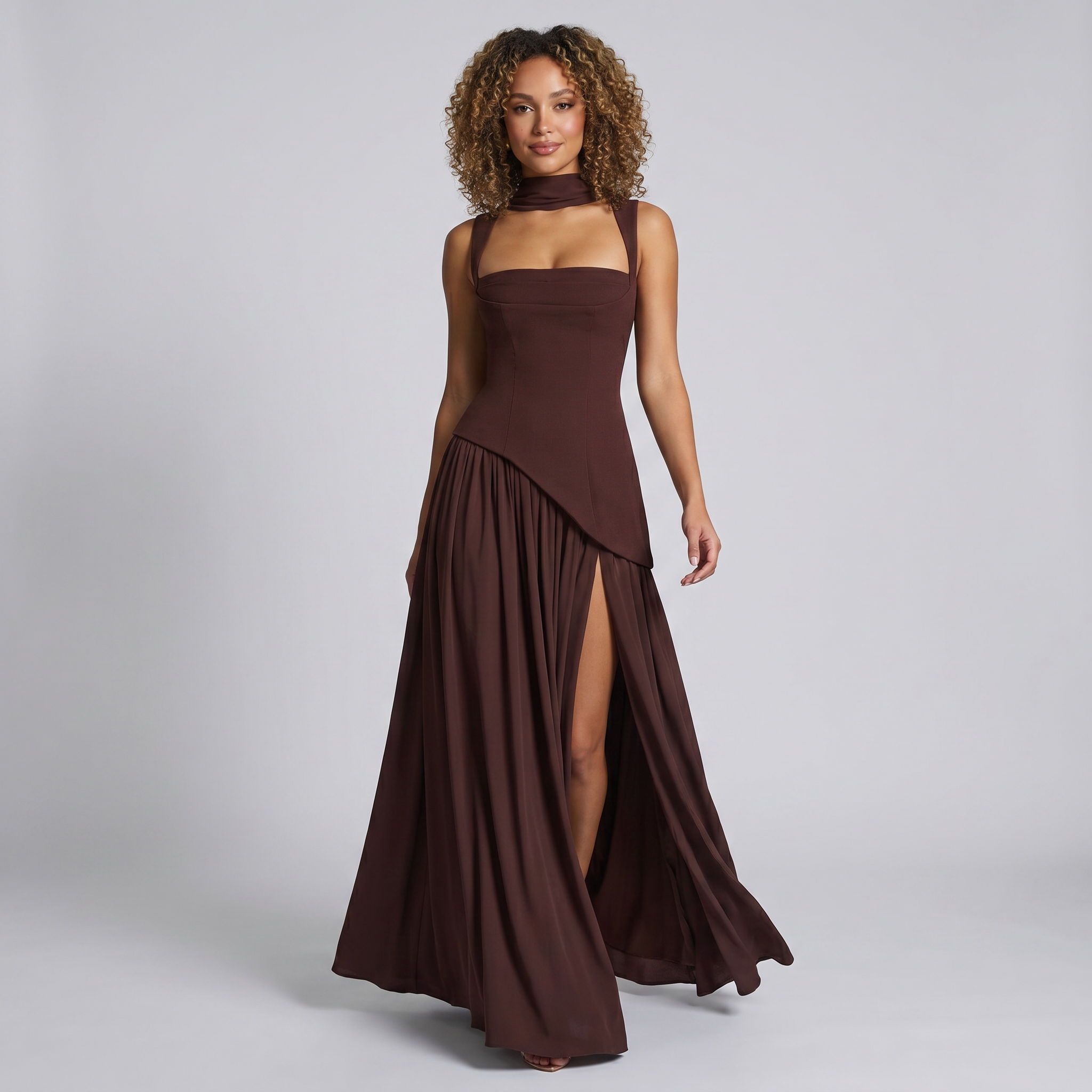 Women's Brown Corset Maxi Dress – Elegant Evening Dress