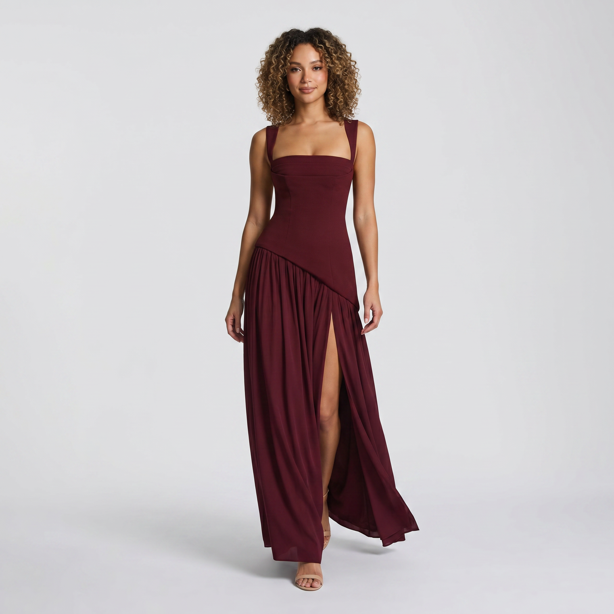 Women's Brown Corset Maxi Dress – Elegant Evening Dress