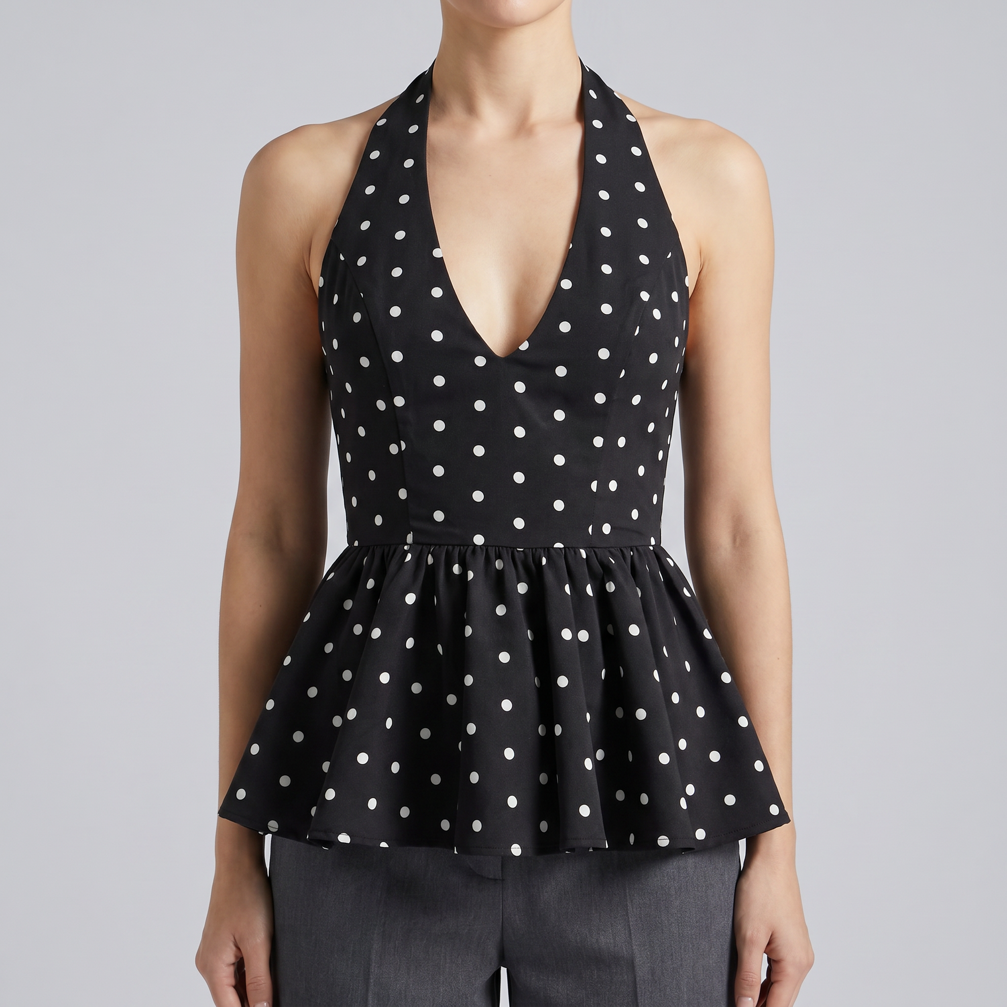 Women's Brown Polka Dot Halter Neck Peplum Top – Summer Occasion Top