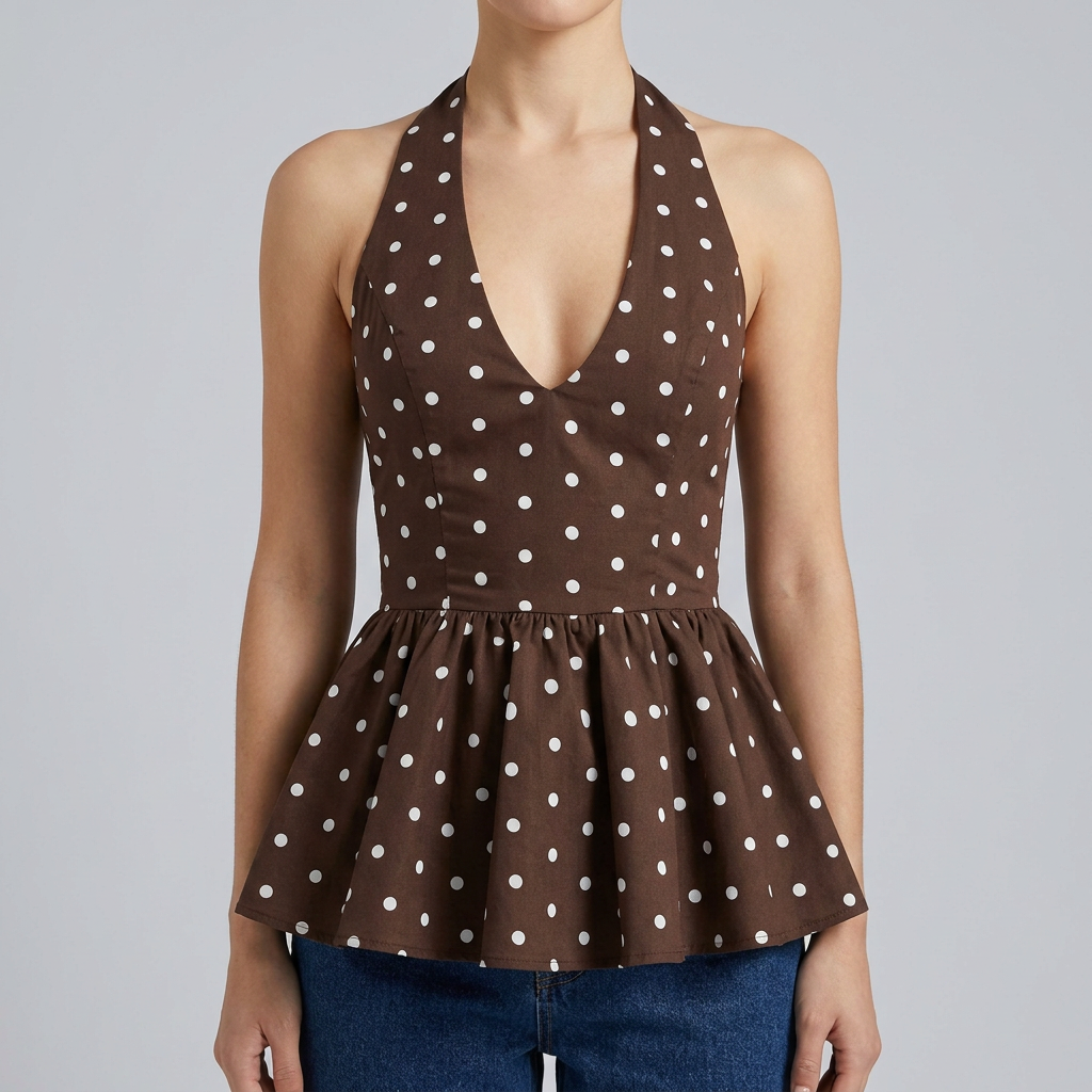 Women's Brown Polka Dot Halter Neck Peplum Top – Summer Occasion Top