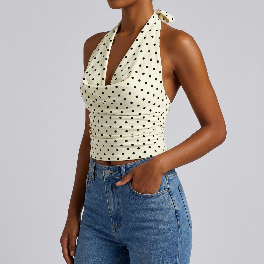 Women's Brown Polka Dot Halter Neck Top – Elegant Summer Occasion Top