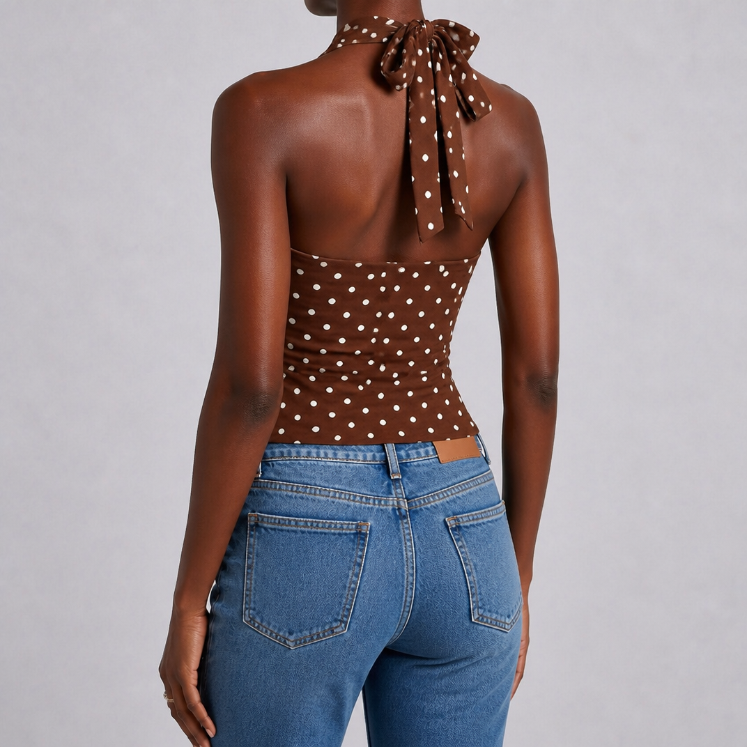 Women's Brown Polka Dot Halter Neck Top – Elegant Summer Occasion Top