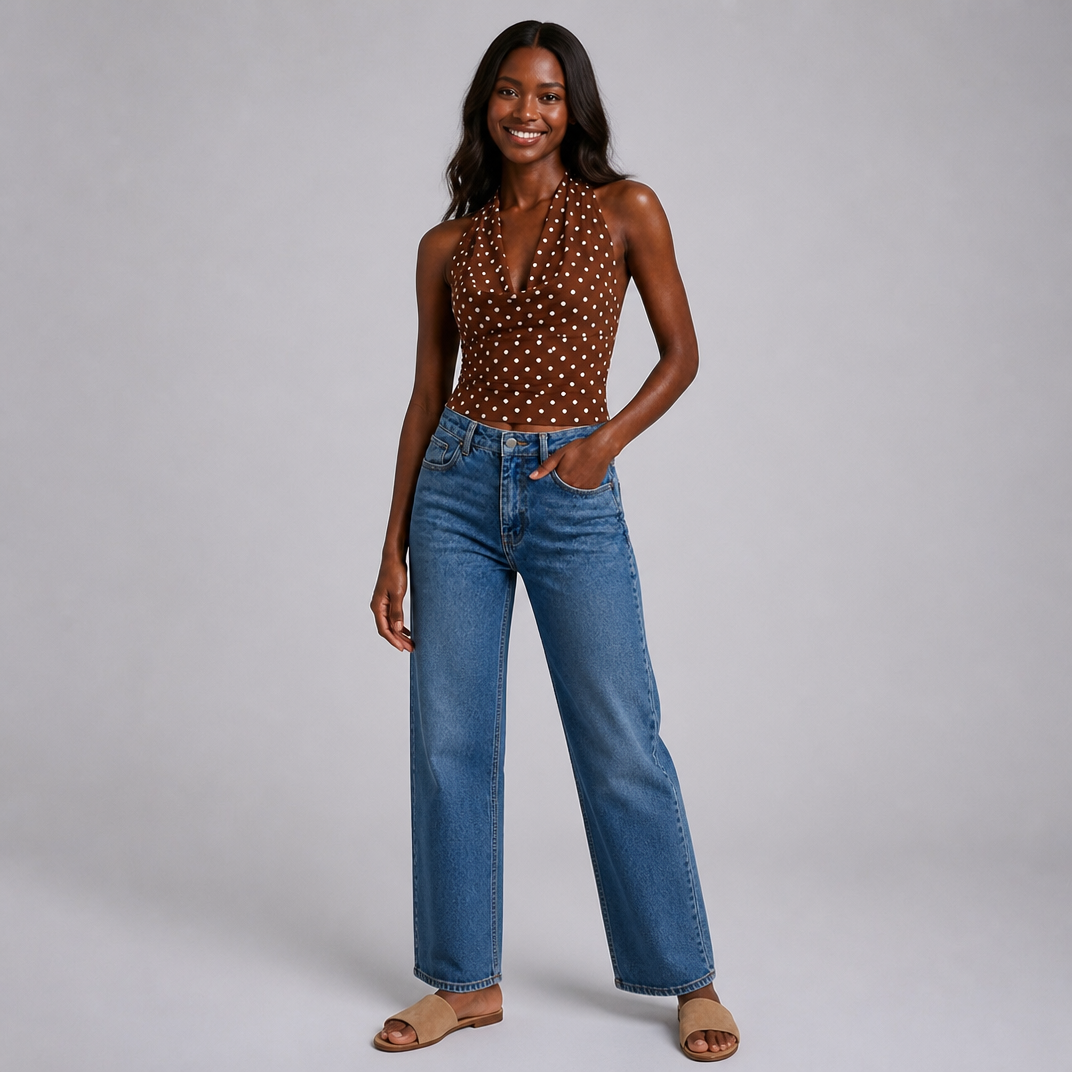 Women's Brown Polka Dot Halter Neck Top – Elegant Summer Occasion Top