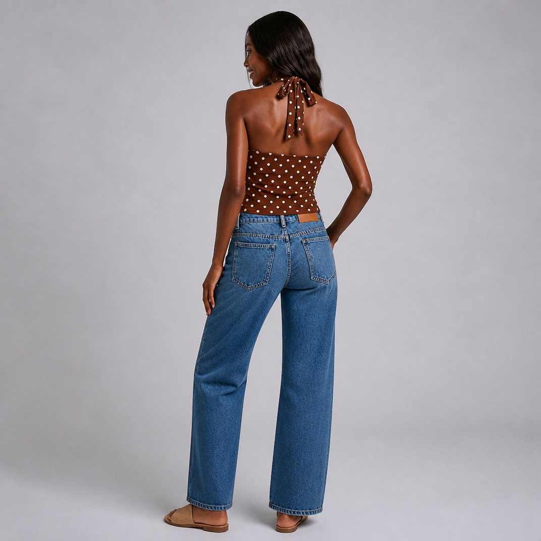 Women's Brown Polka Dot Halter Neck Top – Elegant Summer Occasion Top