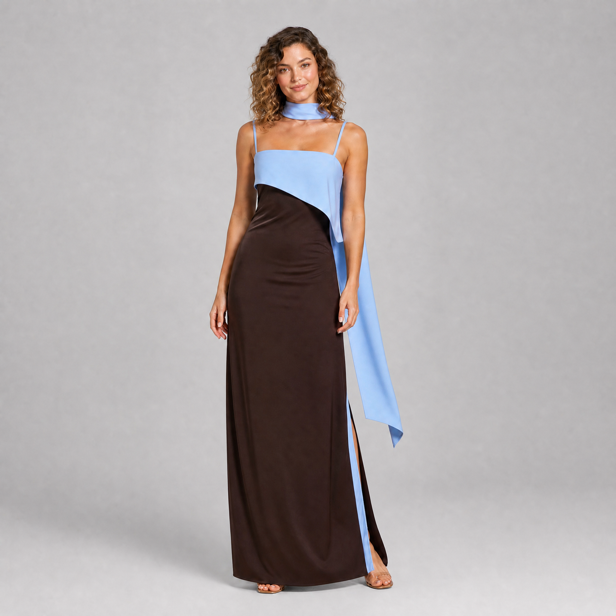 Women's Brown Satin Maxi Dress – Asymmetric Scarf Wedding Guest Dress