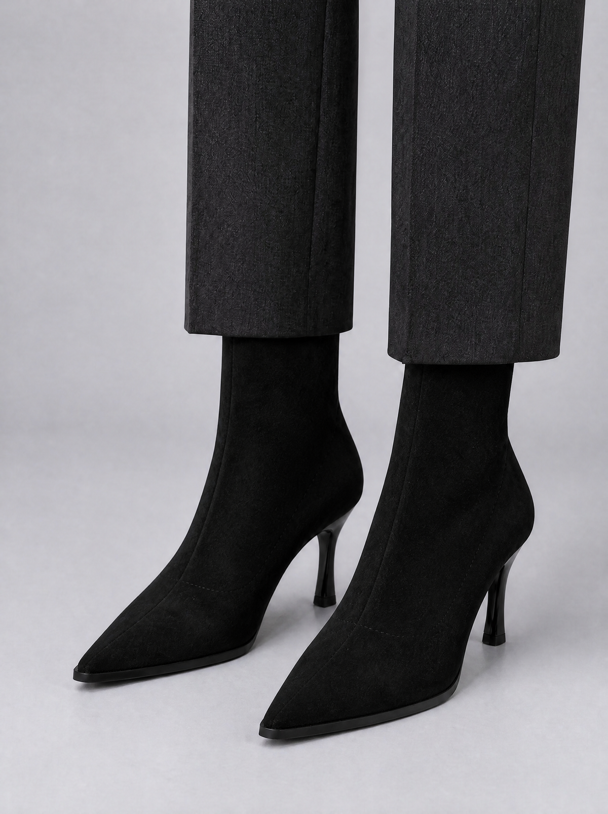 Women's Faux Suede Pointed Stiletto Heel Ankle Boots - Black colour view