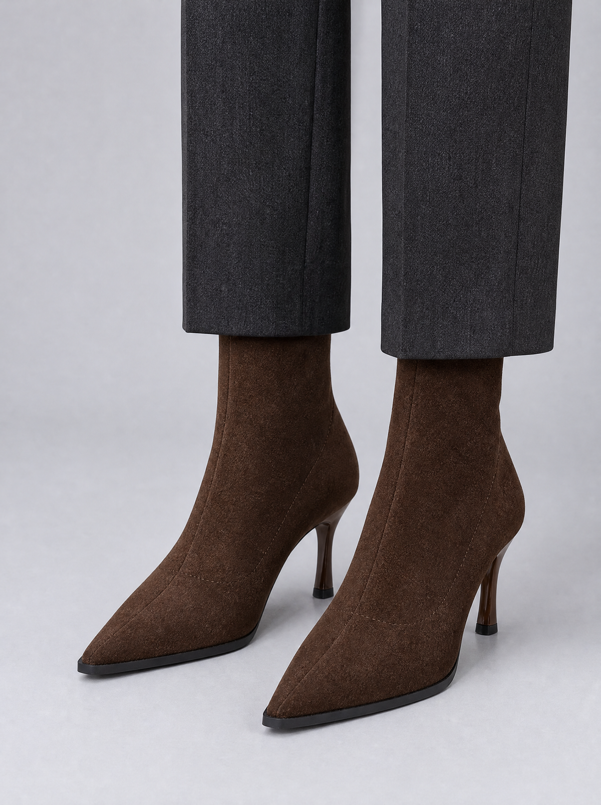 Women's Faux Suede Pointed Stiletto Heel Ankle Boots - Brown colour view
