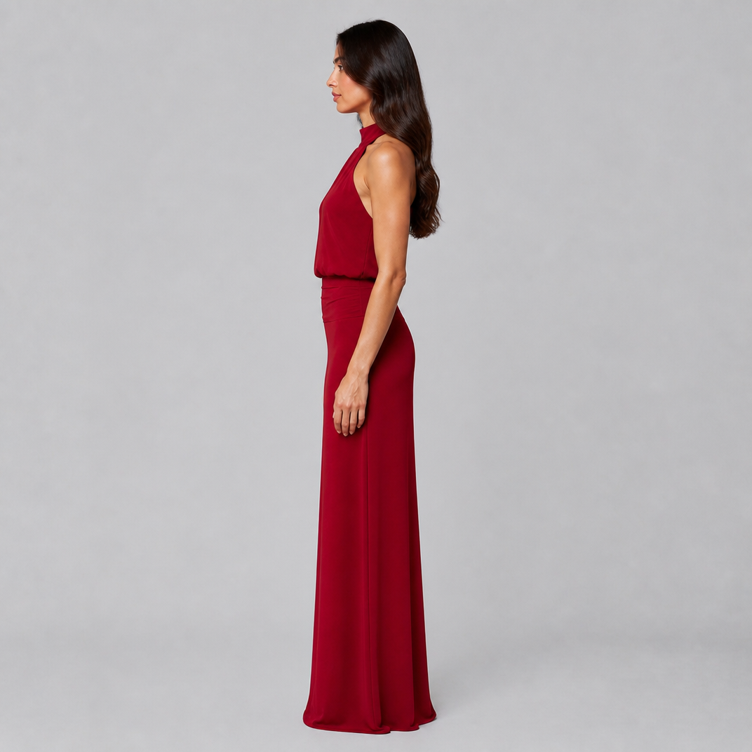 Women's Burgundy Halter Maxi Dress – Satin Wedding Guest Gown