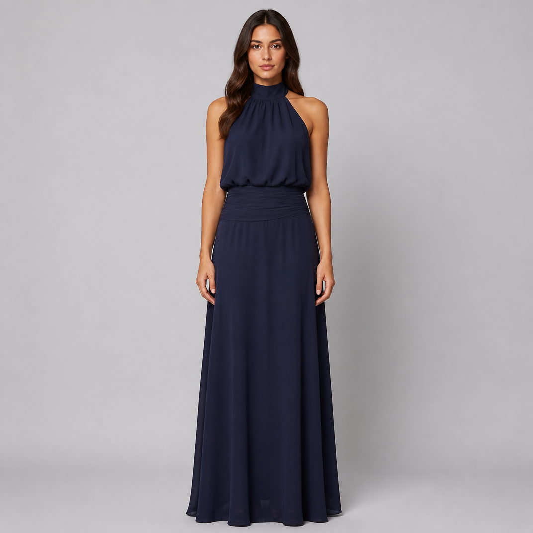 Women's Burgundy Halter Maxi Dress – Satin Wedding Guest Gown