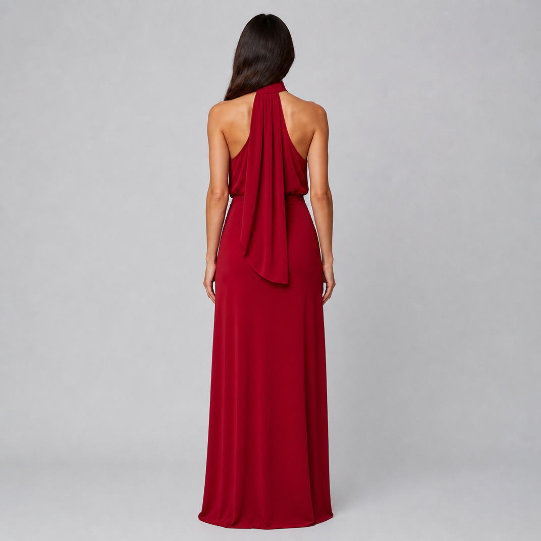 Women's Burgundy Halter Maxi Dress – Satin Wedding Guest Gown