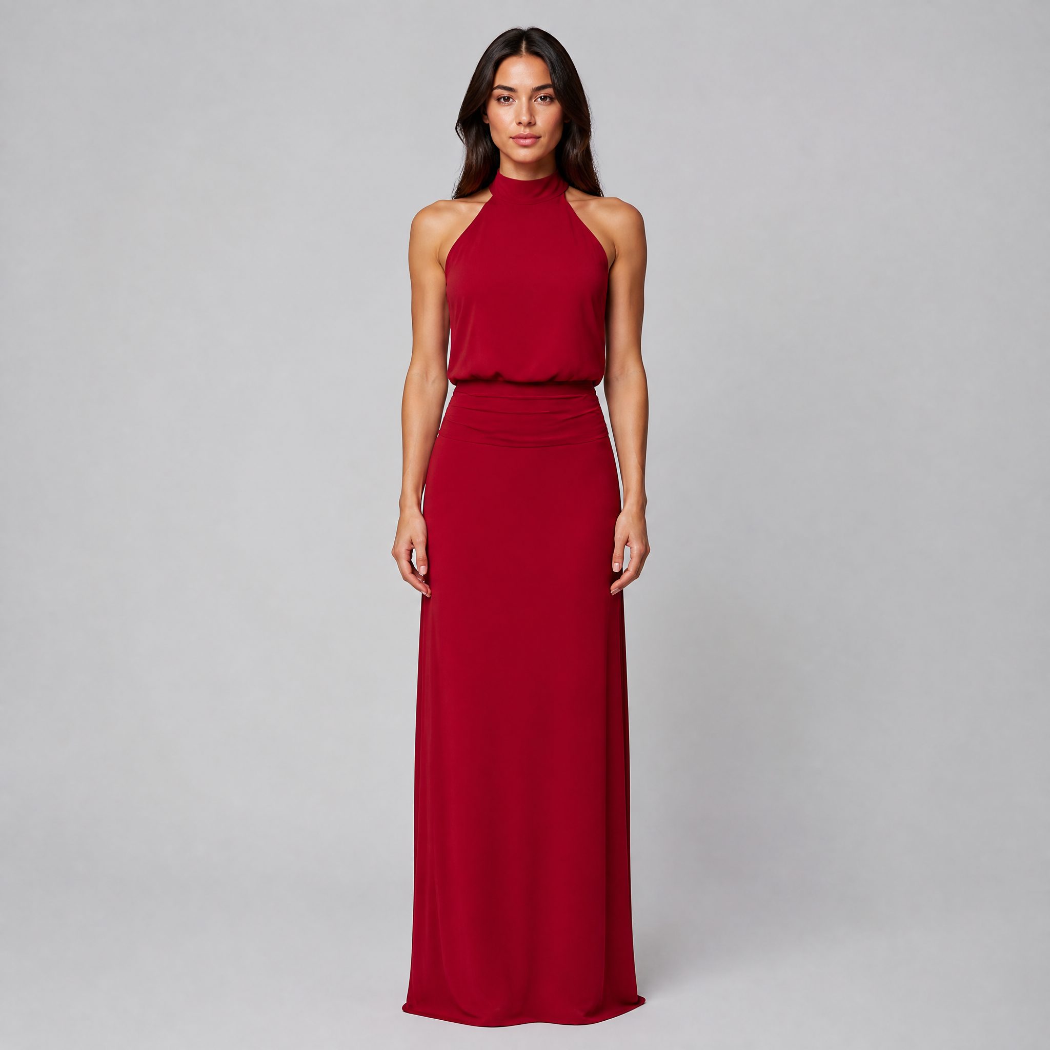 Women's Burgundy Halter Maxi Dress – Satin Wedding Guest Gown