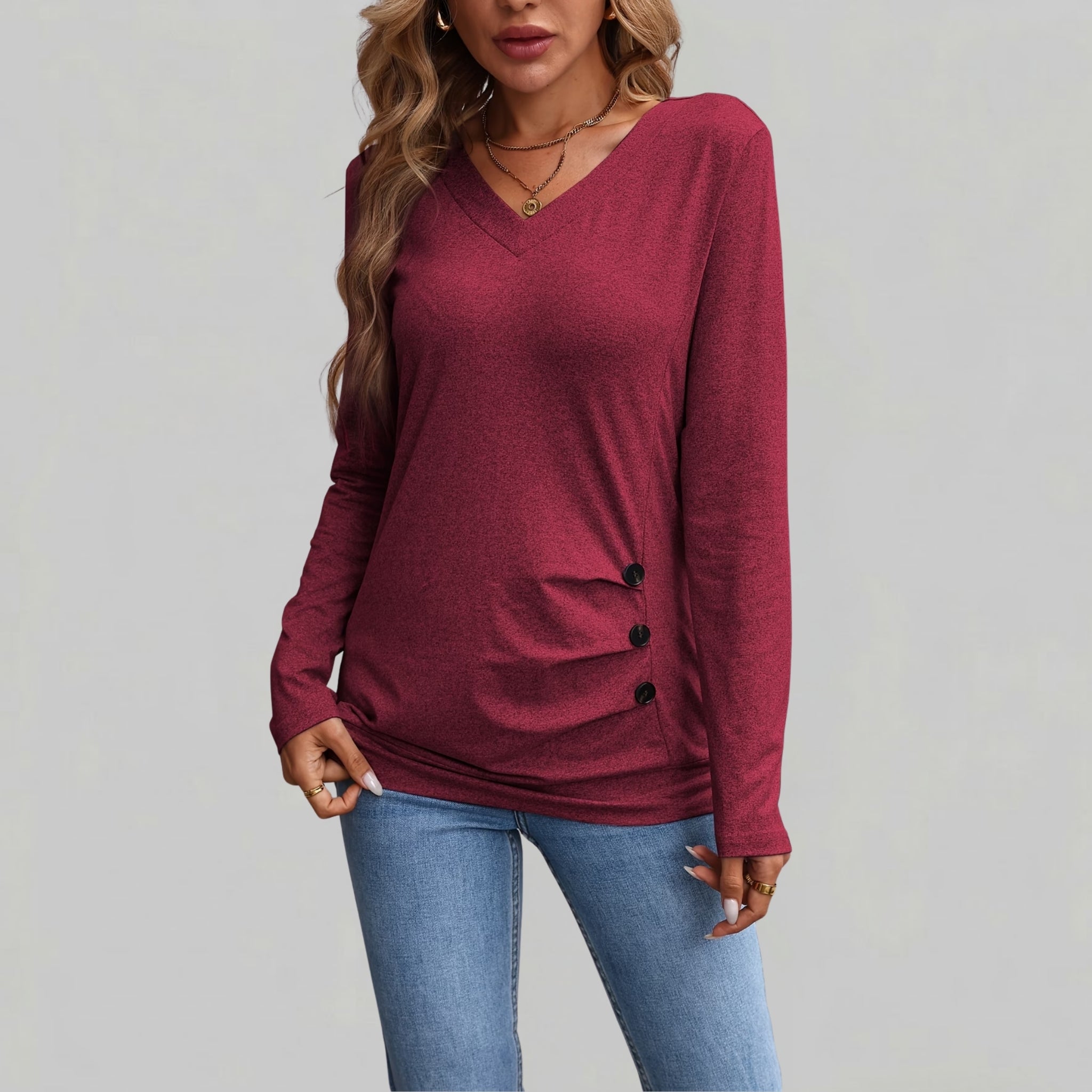 Women’s Button-Detail V-Neck Long Sleeve Shirt