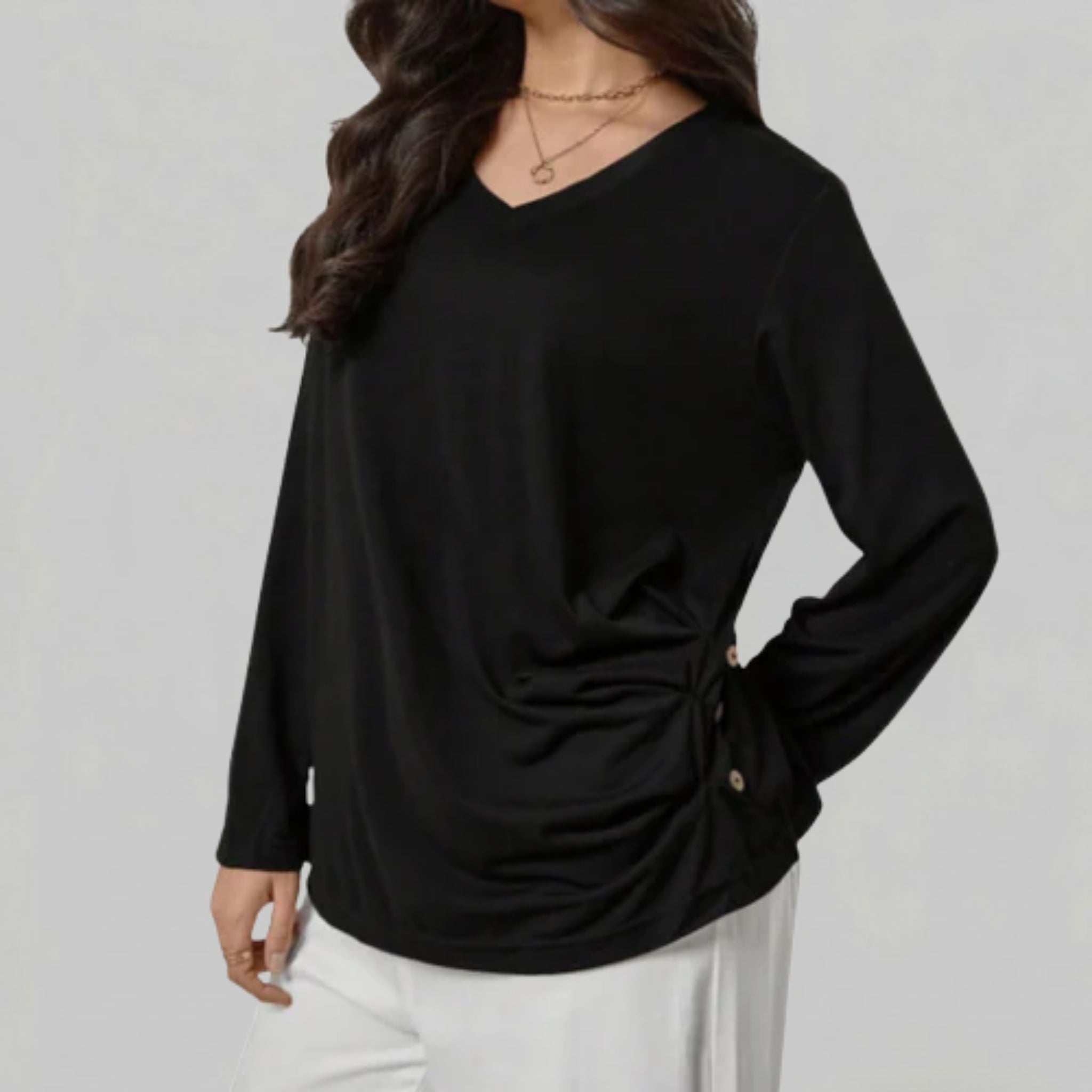 Women’s Button-Detail V-Neck Long Sleeve Shirt