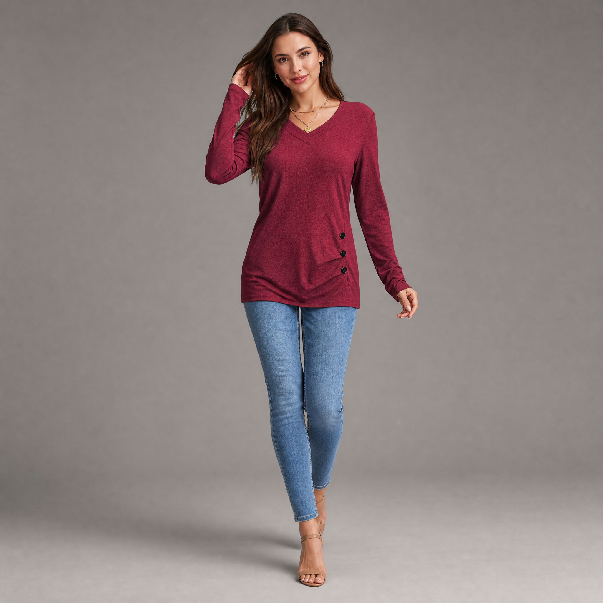 Women’s Button-Detail V-Neck Long Sleeve Shirt
