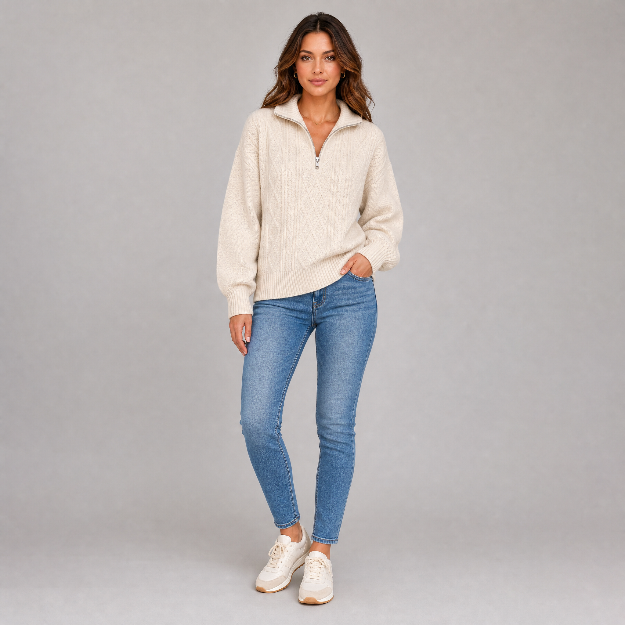 Women's Cable Knit Jumper – Half-Zip Winter Pullover
