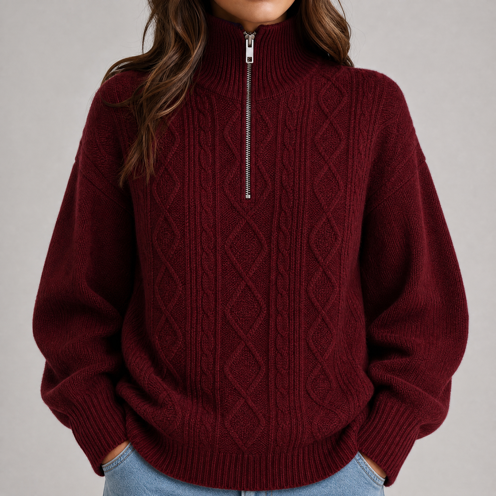 Women's Cable Knit Jumper – Half-Zip Winter Pullover