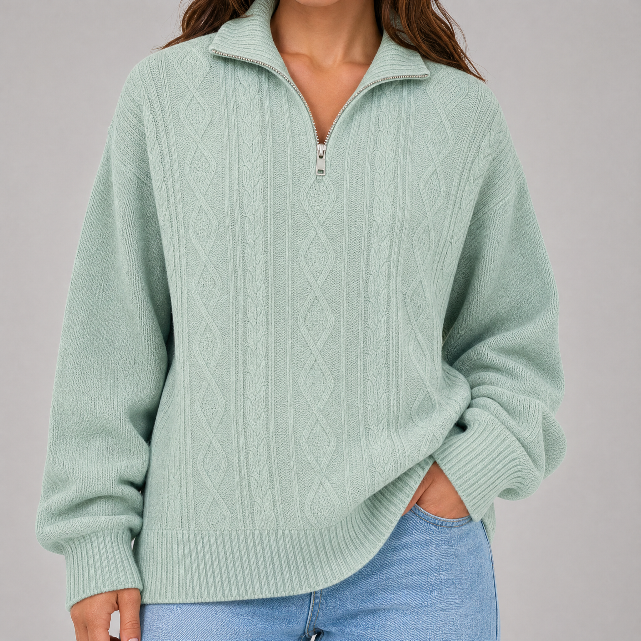 Women's Cable Knit Jumper – Half-Zip Winter Pullover