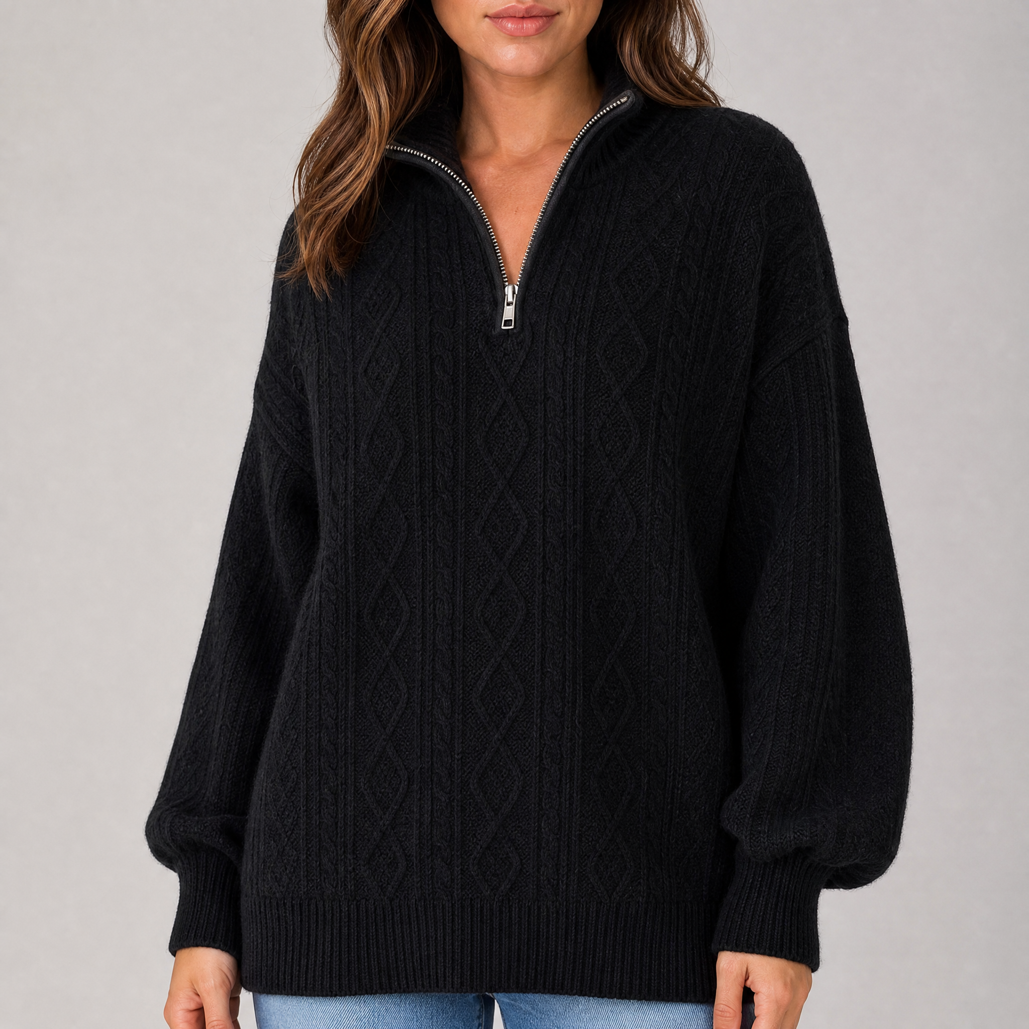 Women's Cable Knit Jumper – Half-Zip Winter Pullover