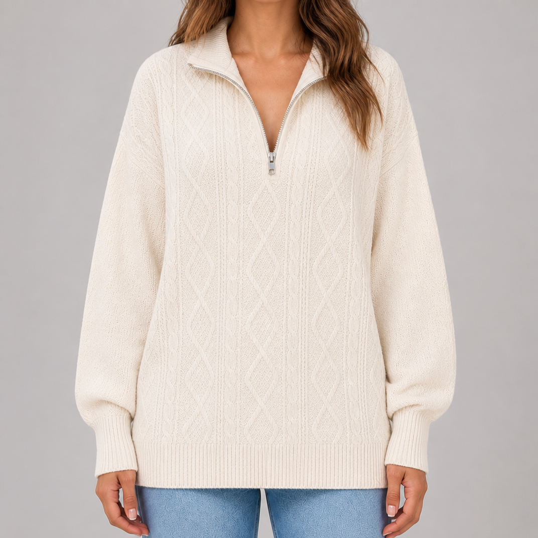 Women's Cable Knit Jumper – Half-Zip Winter Pullover