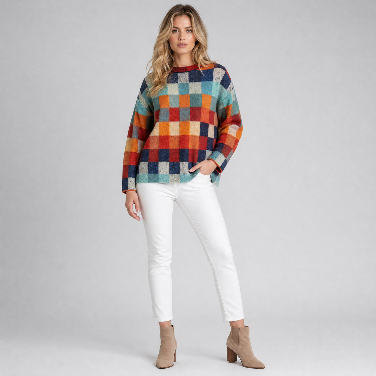 Women's Checked Knit Oversized Crew Neck Jumper