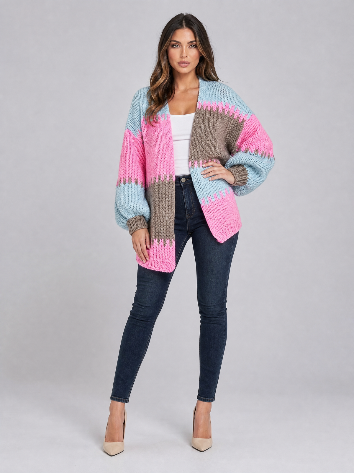 Women's Chunky Knit Geometric Relaxed Open Front Cardigan