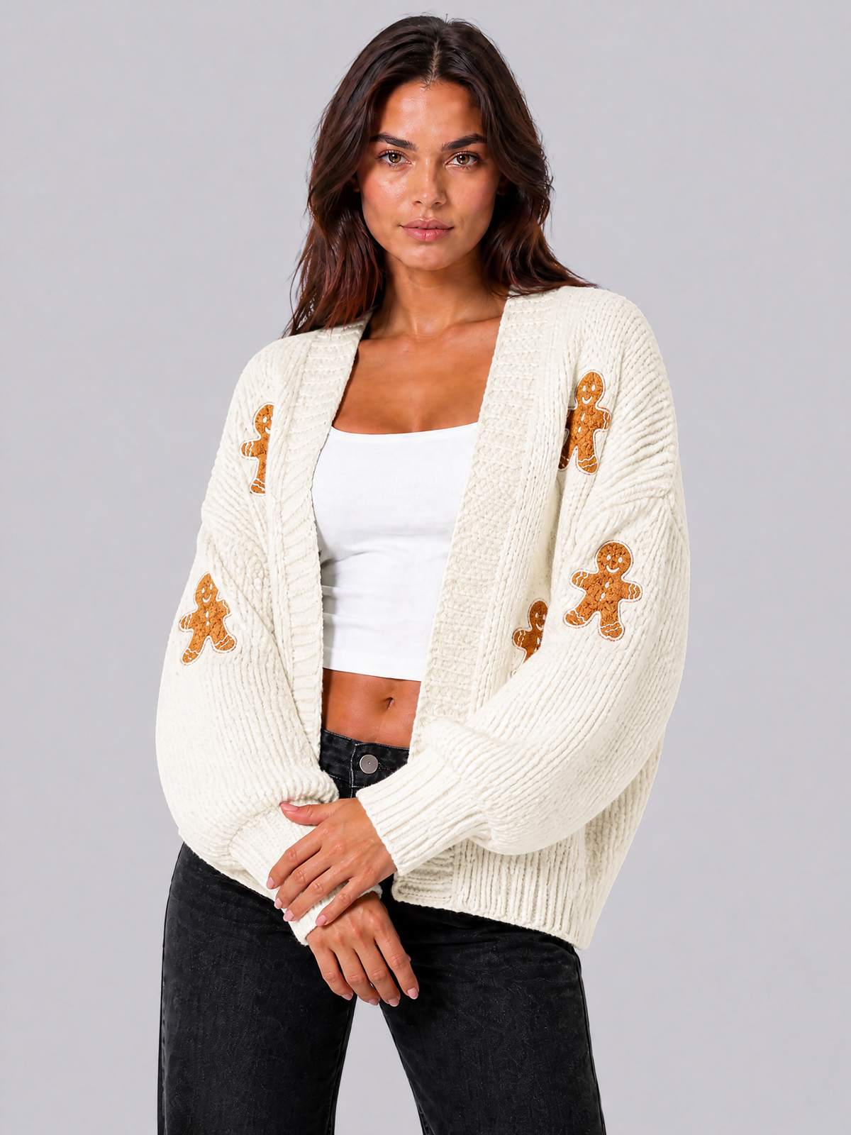 Women's Chunky Knit Gingerbread Relaxed Open Front Cardigan