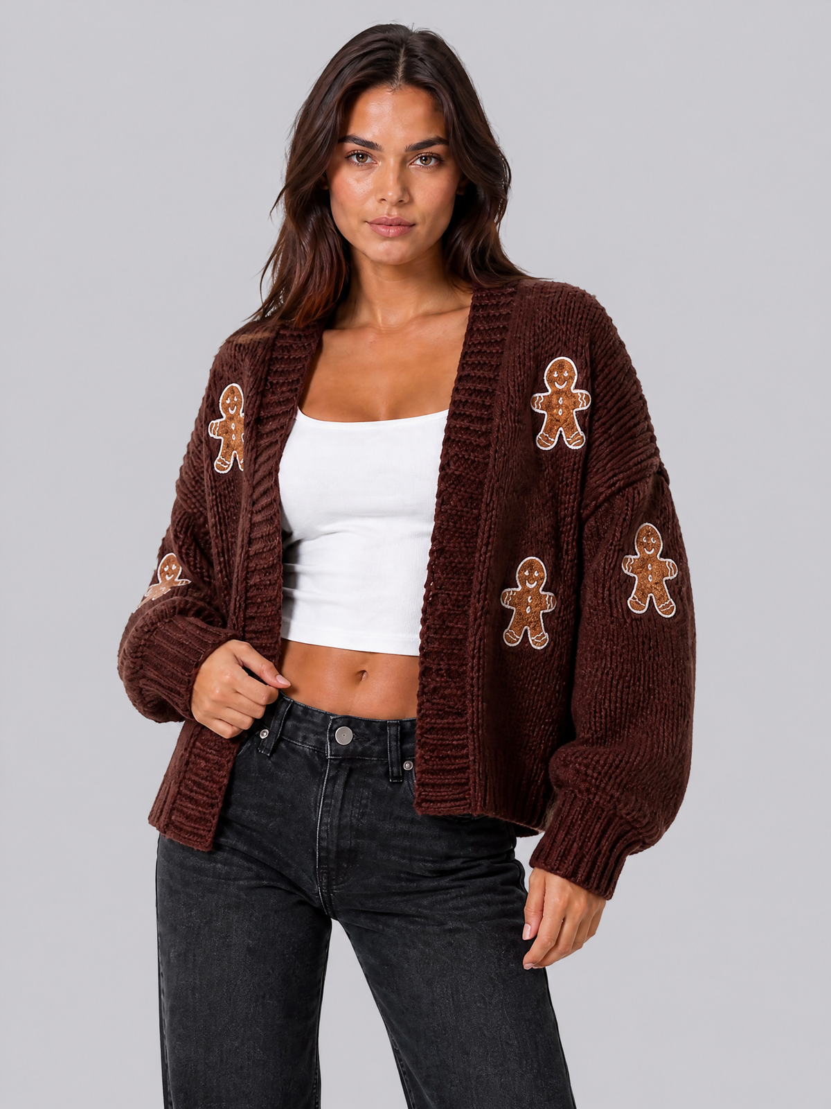 Women's Chunky Knit Gingerbread Relaxed Open Front Cardigan