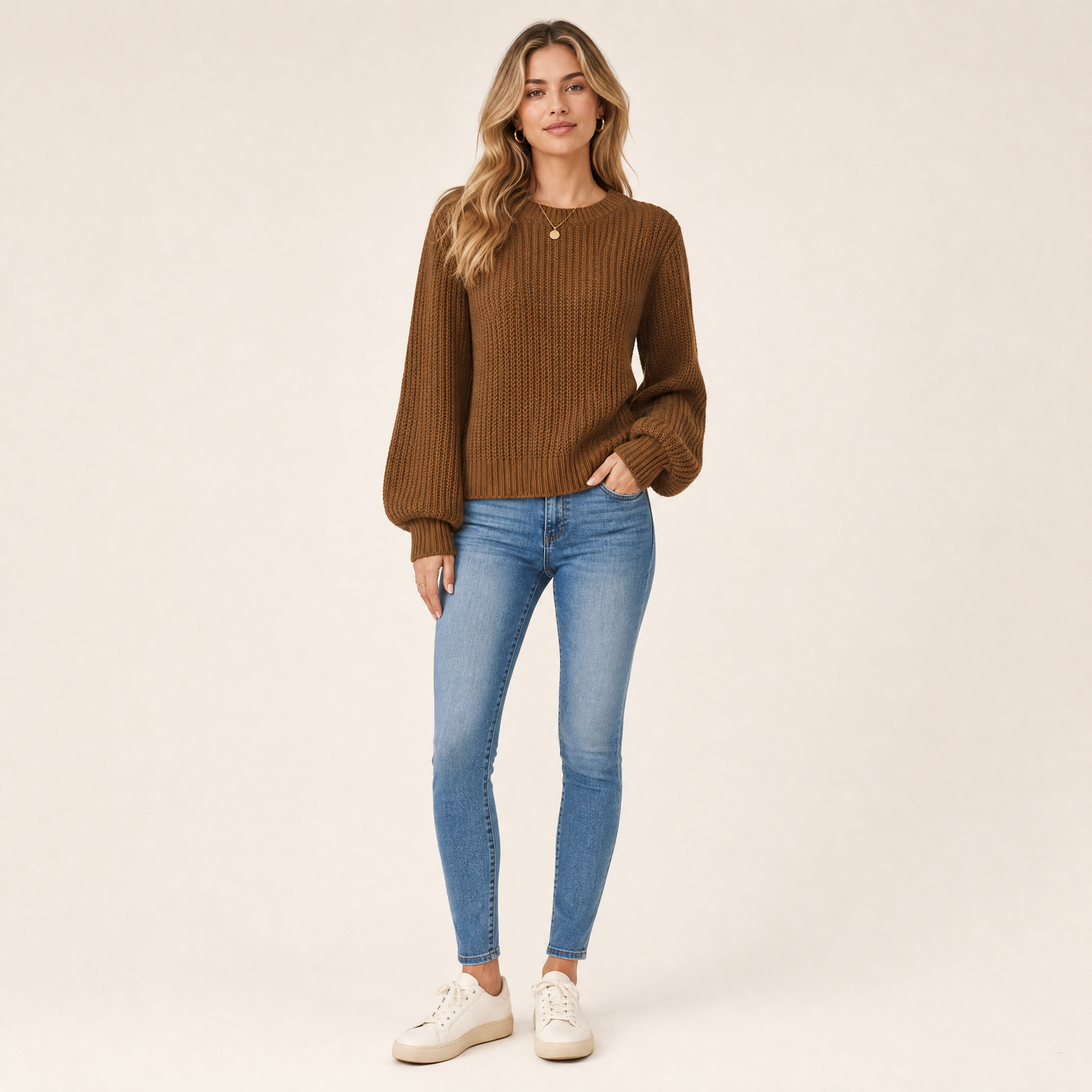Women's Chunky Knit Jumper – Balloon Sleeve Pullover