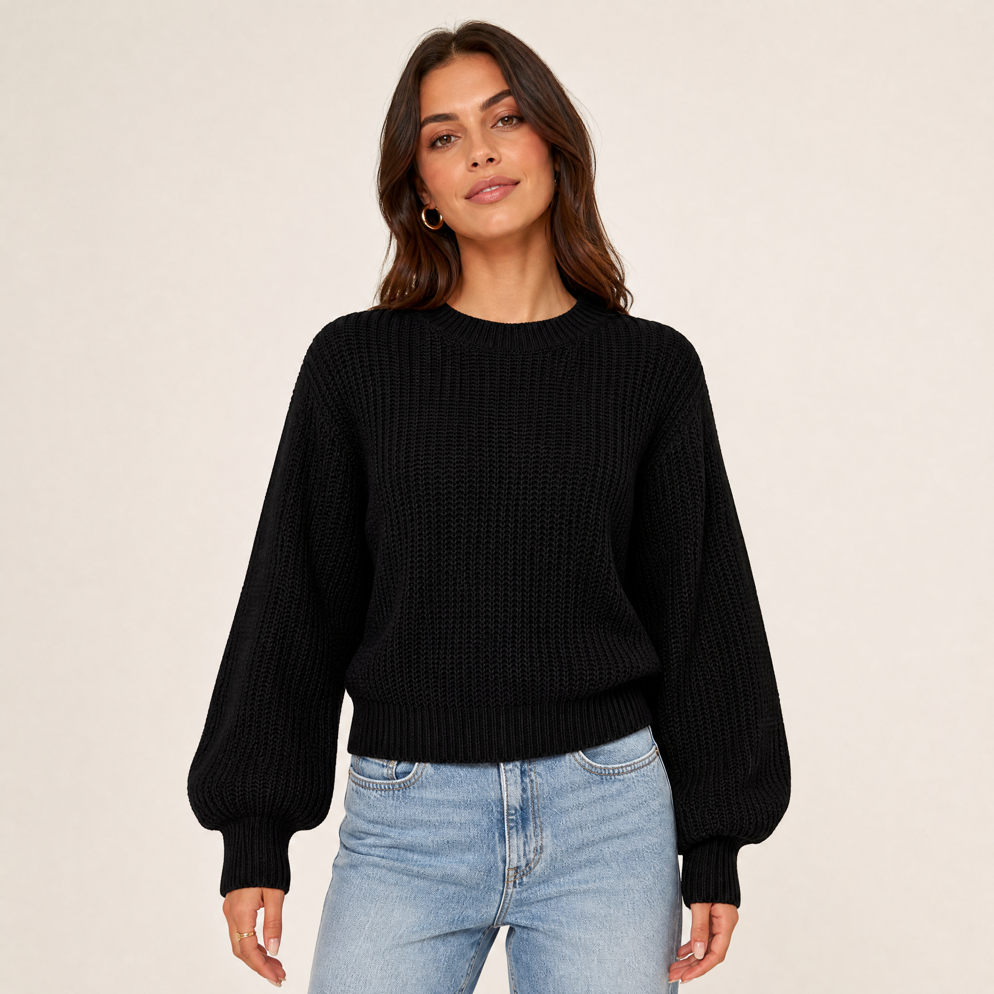 Women's Chunky Knit Jumper – Balloon Sleeve Pullover