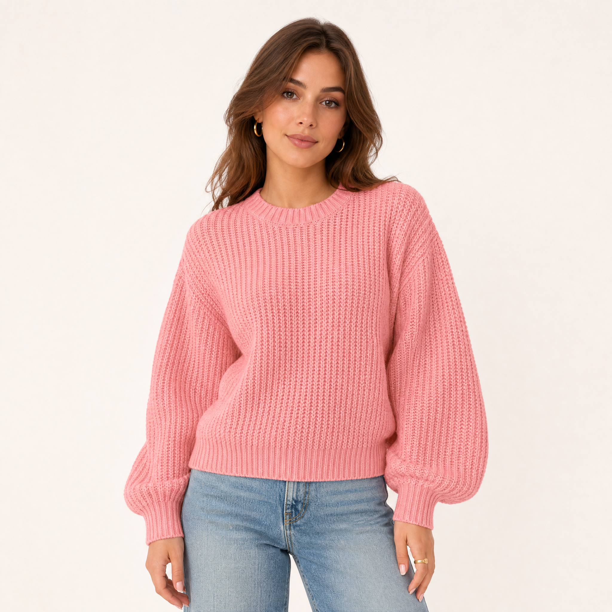 Women's Chunky Knit Jumper – Balloon Sleeve Pullover