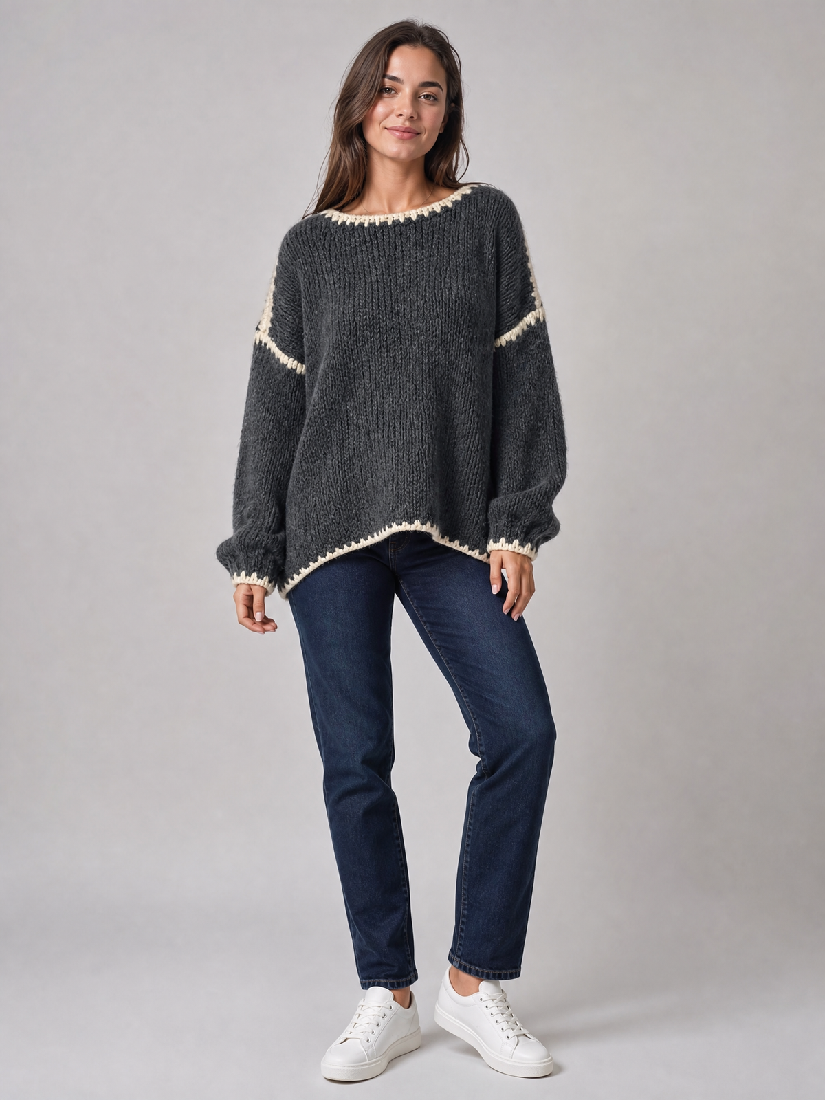 Women's Chunky Knit Wool Blend Relaxed Contrast Stitch Jumper