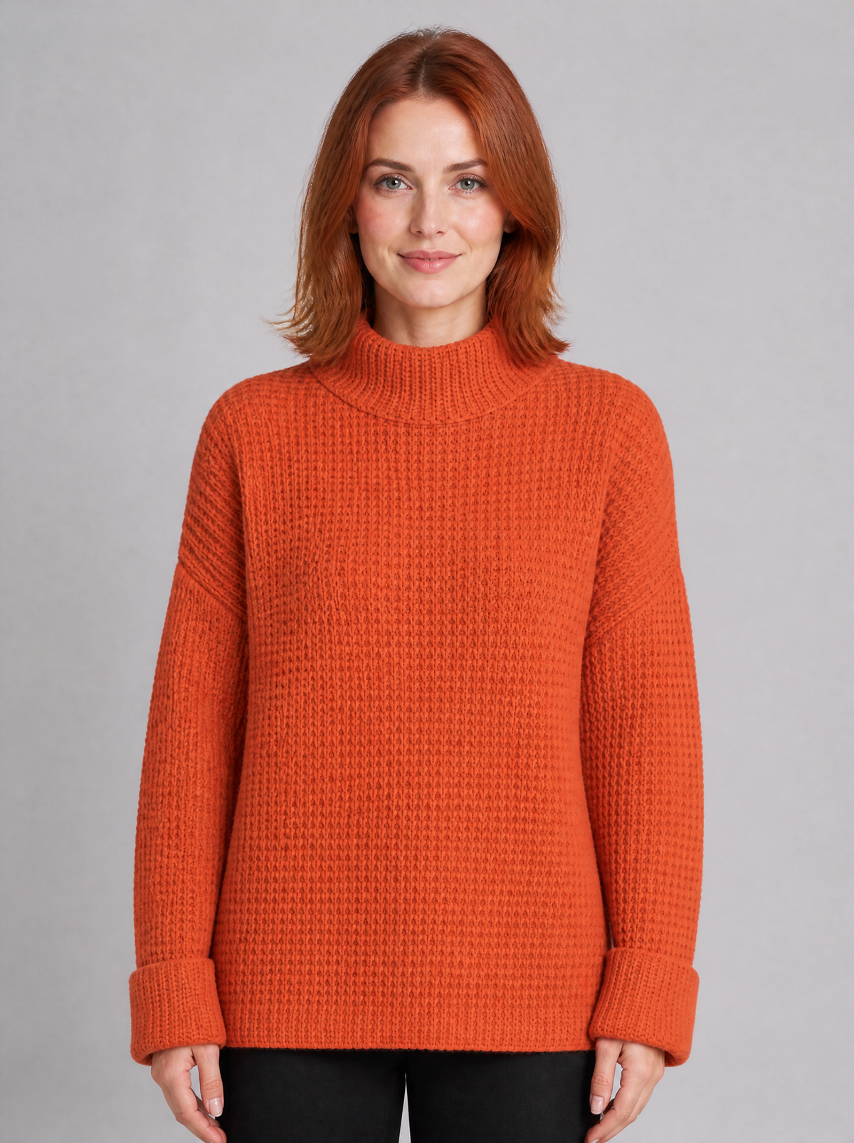 Women's Chunky Rib Knit Mock Neck Relaxed Jumper - Terracotta colour view