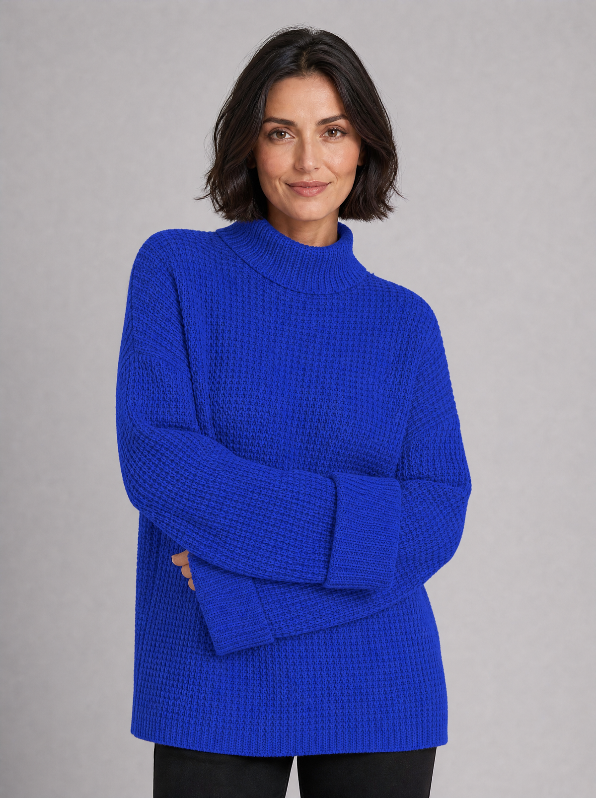 Women's Chunky Rib Knit Mock Neck Relaxed Jumper - Blue colour view