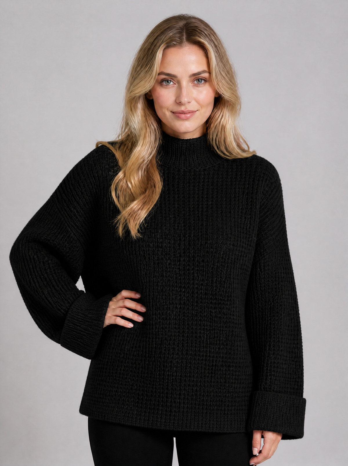 Women's Chunky Rib Knit Mock Neck Relaxed Jumper - Black colour view