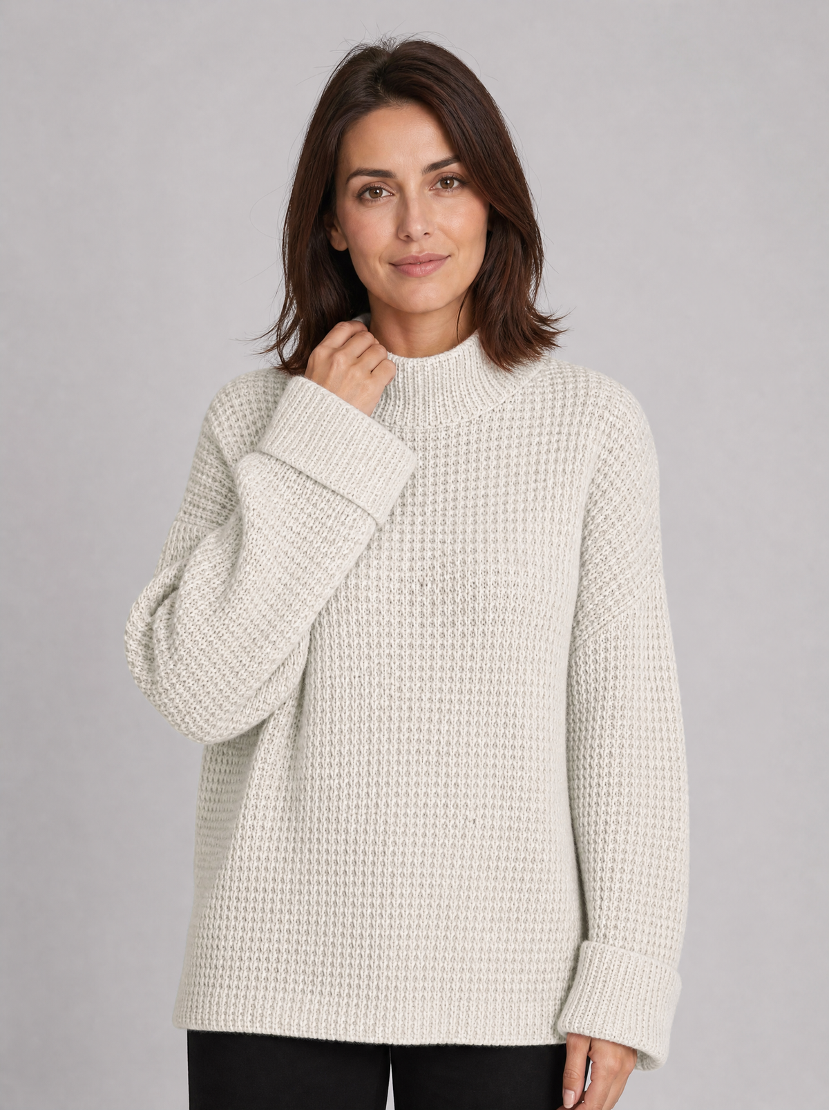 Women's Chunky Rib Knit Mock Neck Relaxed Jumper - Beige colour view
