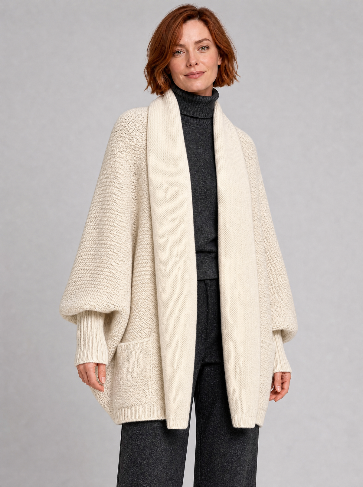 Women's Chunky Rib Open Front Pockets Relaxed Cardigan - Beige colour view